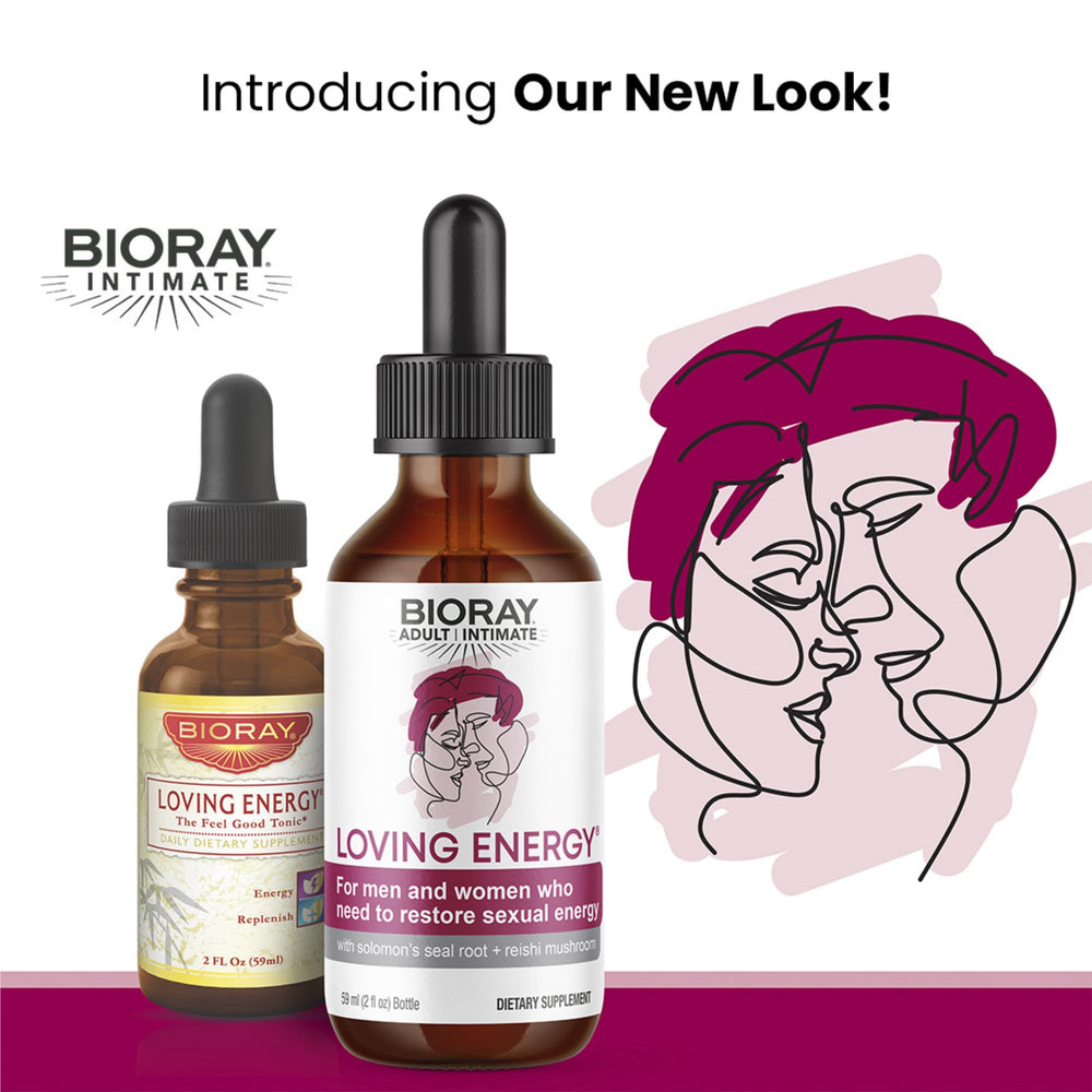 BIORAY Loving Energy ingredient list highlights medicinal mushrooms and vegan, non-GMO formulation for wellness