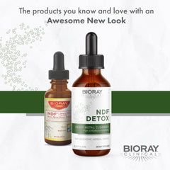 BIORAY NDF label close-up shows gluten-free and non-GMO attributes.