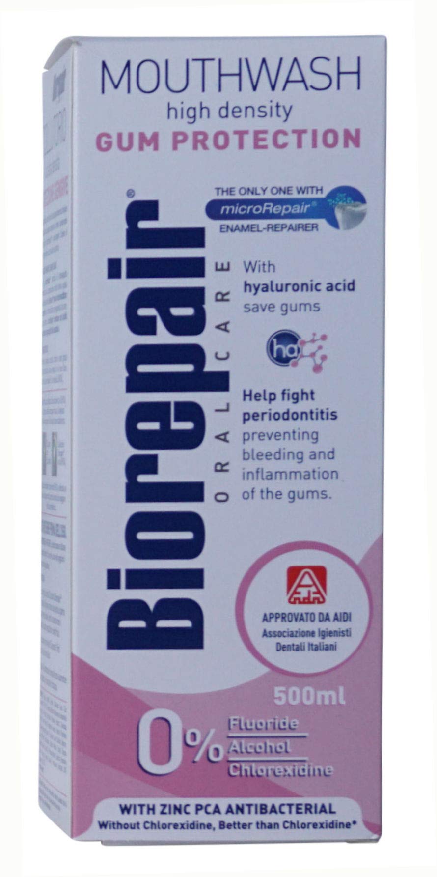 Biorepair Gum Protection Mouthwash 500ml – back view shows ingredients and supports oral hygiene routines