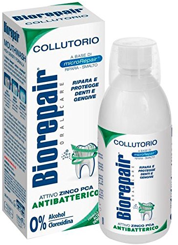 Biorepair mouthwash four-pack display supporting family oral care routines.