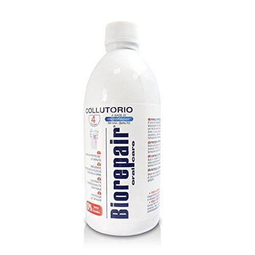 Biorepair mouthwash label showcases Italian production and quality.