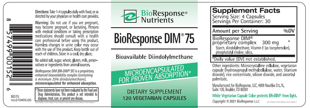BioResponse DIM bottle front label, showcases absorption-enhanced BR-DIM for estrogen metabolism.