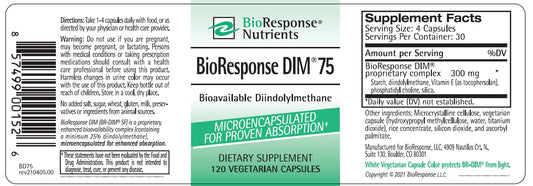 BioResponse DIM bottle front label, showcases absorption-enhanced BR-DIM for estrogen metabolism.