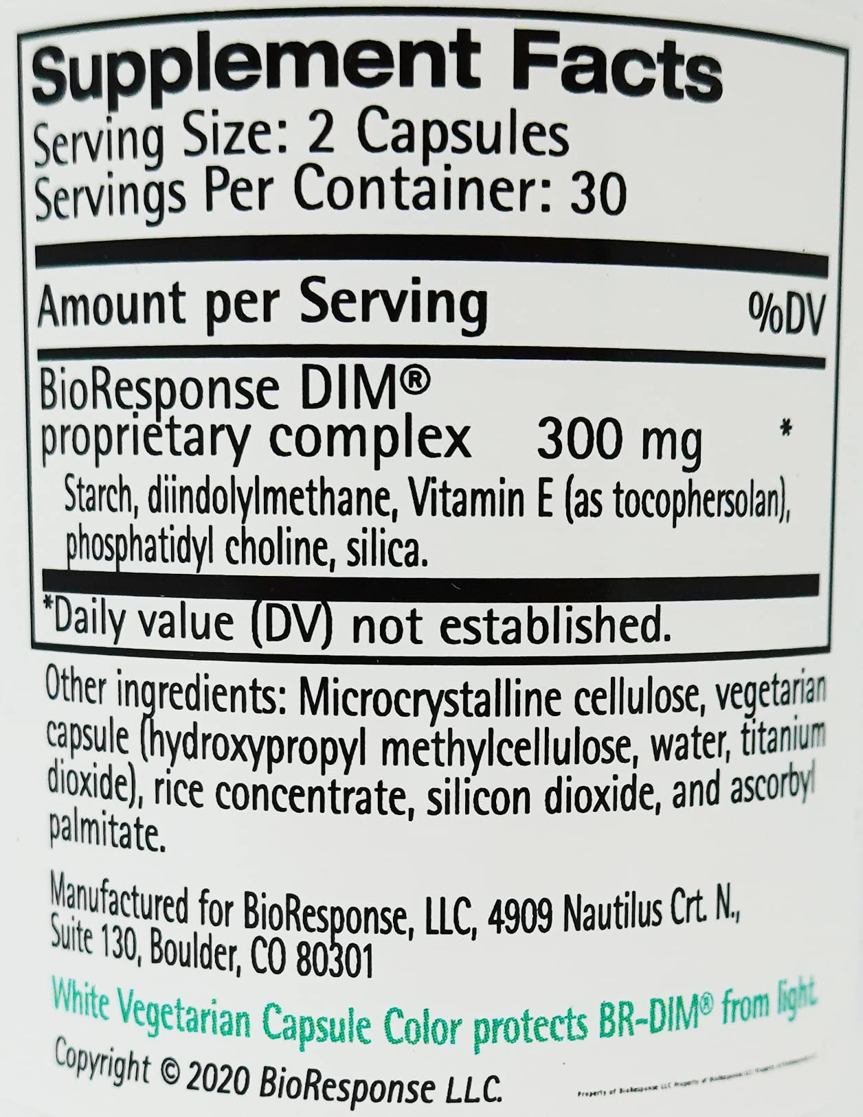 BioResponse DIM 150 capsules close-up highlights microencapsulated DIM and ingredients.