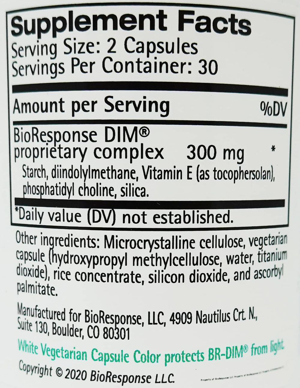 BioResponse DIM 150 capsules close-up highlights microencapsulated DIM and ingredients.