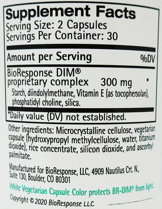 BioResponse DIM 150 capsules close-up highlights microencapsulated DIM and ingredients.