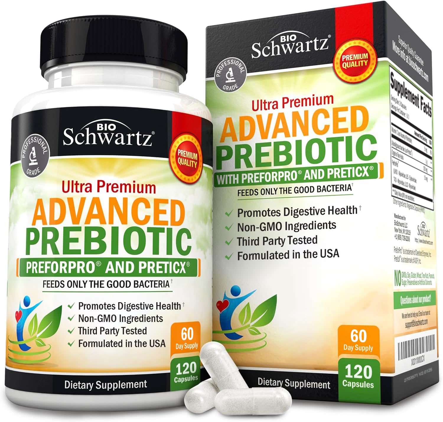 BioSchwartz Advanced Prebiotics bottle promoting gut health.