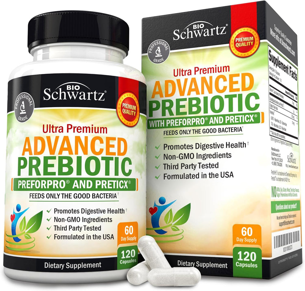 BioSchwartz Advanced Prebiotics bottle promoting gut health.