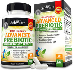 BioSchwartz Advanced Prebiotics bottle promoting gut health.