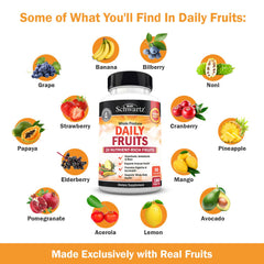 BioSchwartz daily-fruits-veggies-label reveals 47 whole-food ingredients for antioxidant-rich nutrition.