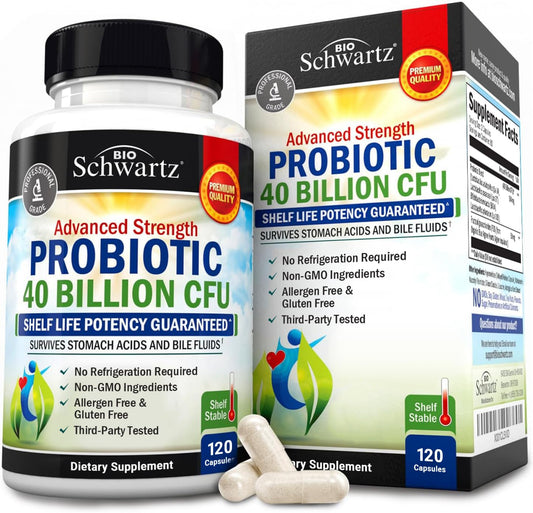 BioSchwartz daily probiotic bottle highlights 40B CFU for gut balance and daily use.