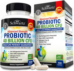 BioSchwartz daily probiotic bottle highlights 40B CFU for gut balance and daily use.