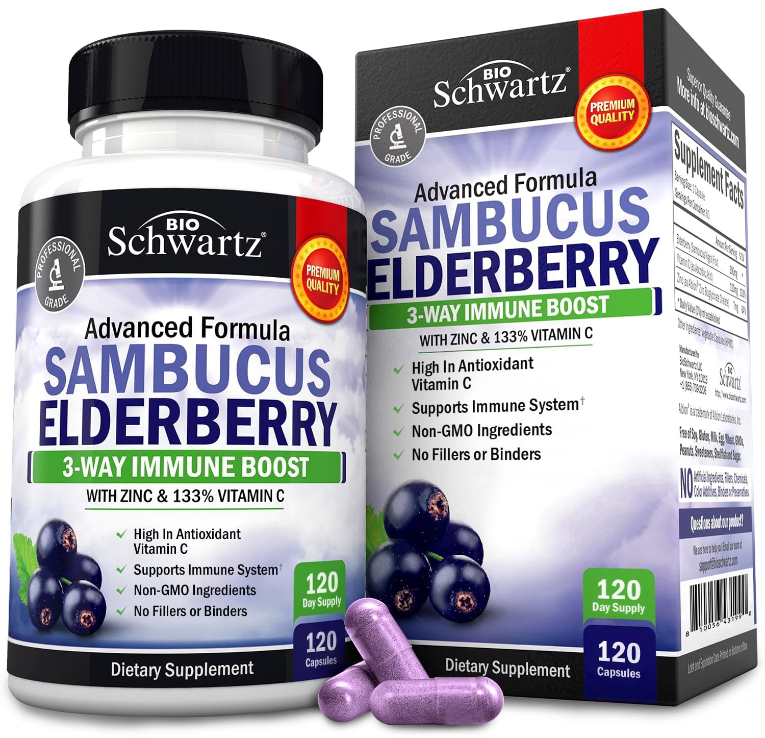 BioSchwartz elderberry capsules bottle showing daily immune support.