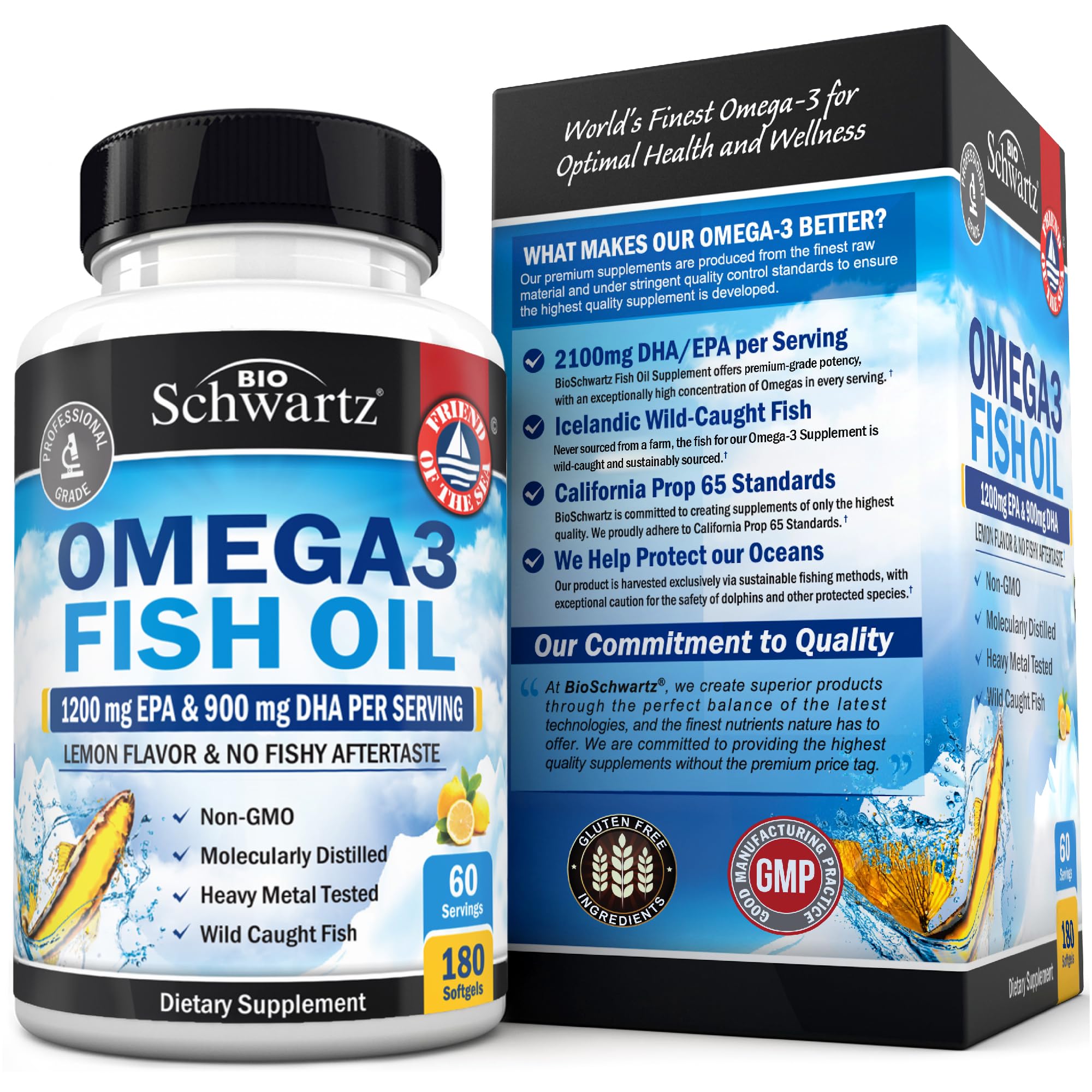 BioSchwartz USA-made facility seal on omega-3 bottle