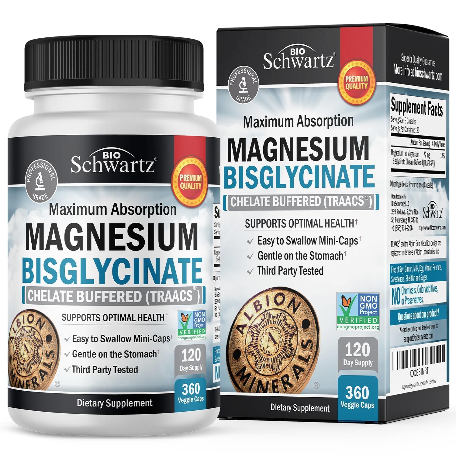 BioSchwartz magnesium bisglycinate bottle front view highlighting high absorption for daily support