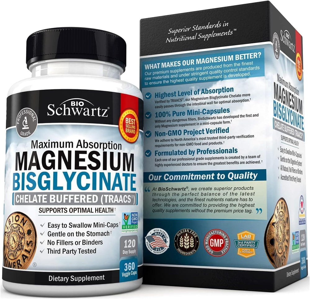 BioSchwartz magnesium bisglycinate non-GMO and non-laxative tag highlighted