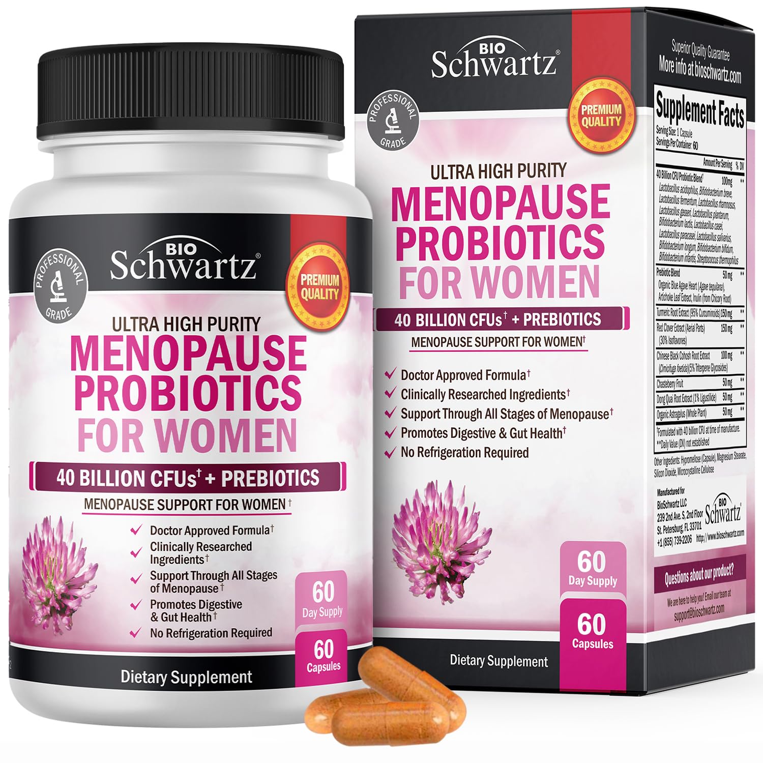 BioSchwartz menopause probiotics bottle-front for convenient daily use