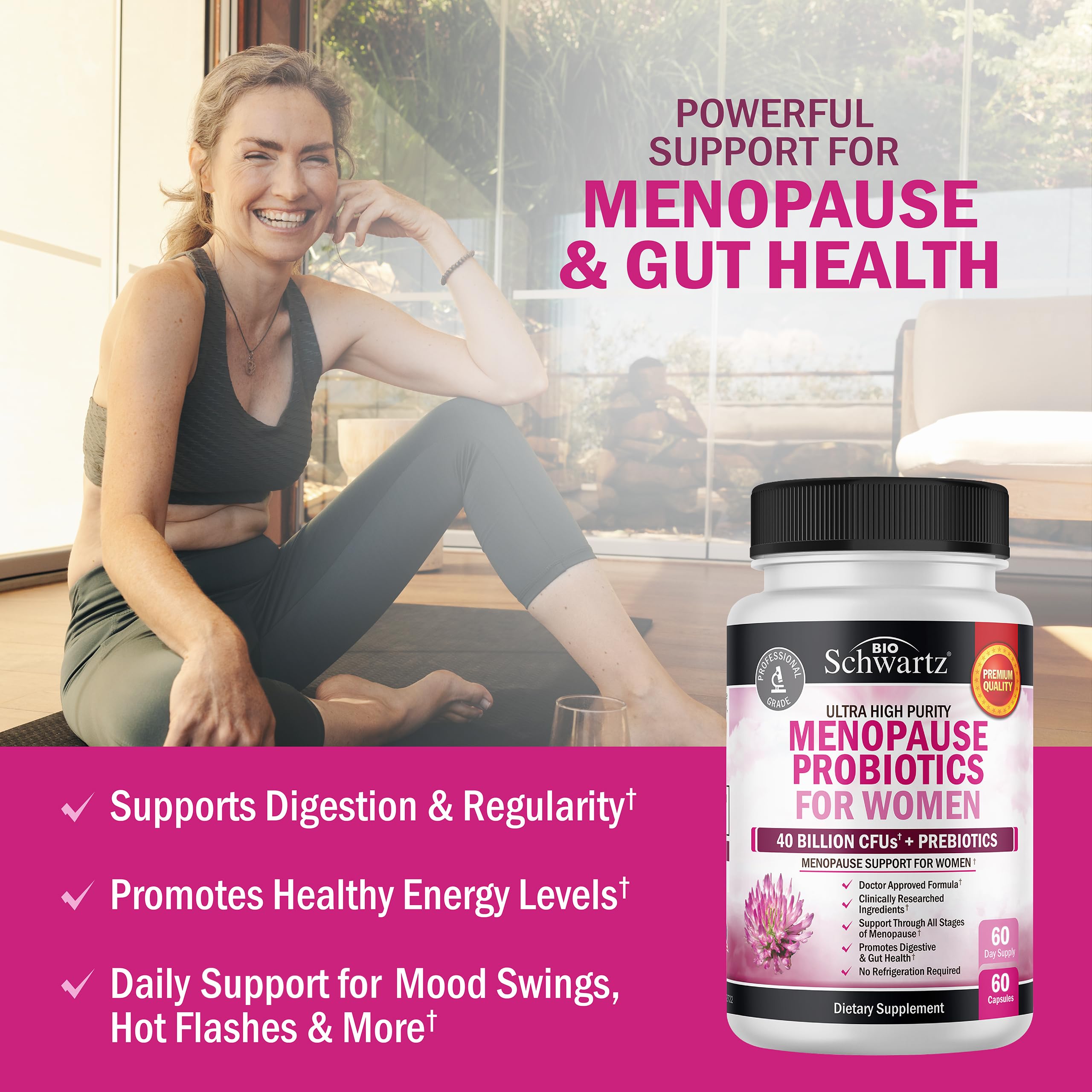 BioSchwartz menopause probiotics herbal-blend jar highlights natural menopause support