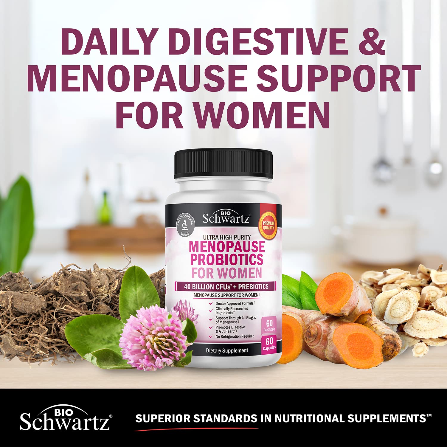 BioSchwartz menopause probiotics non-gmo-gluten-free-dairy-free label communicates allergen-free formula