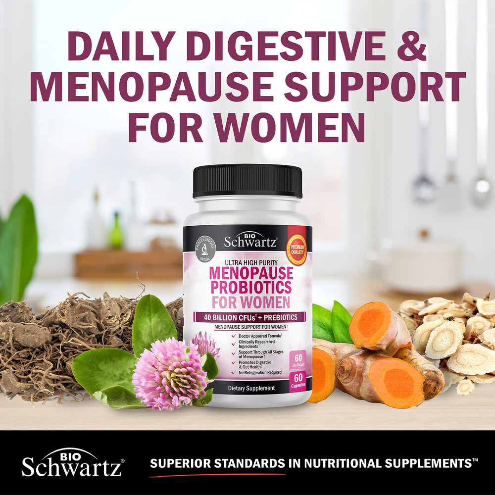 BioSchwartz menopause probiotics non-gmo-gluten-free-dairy-free label communicates allergen-free formula