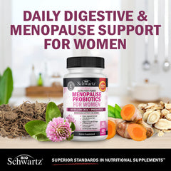 BioSchwartz menopause probiotics non-gmo-gluten-free-dairy-free label communicates allergen-free formula
