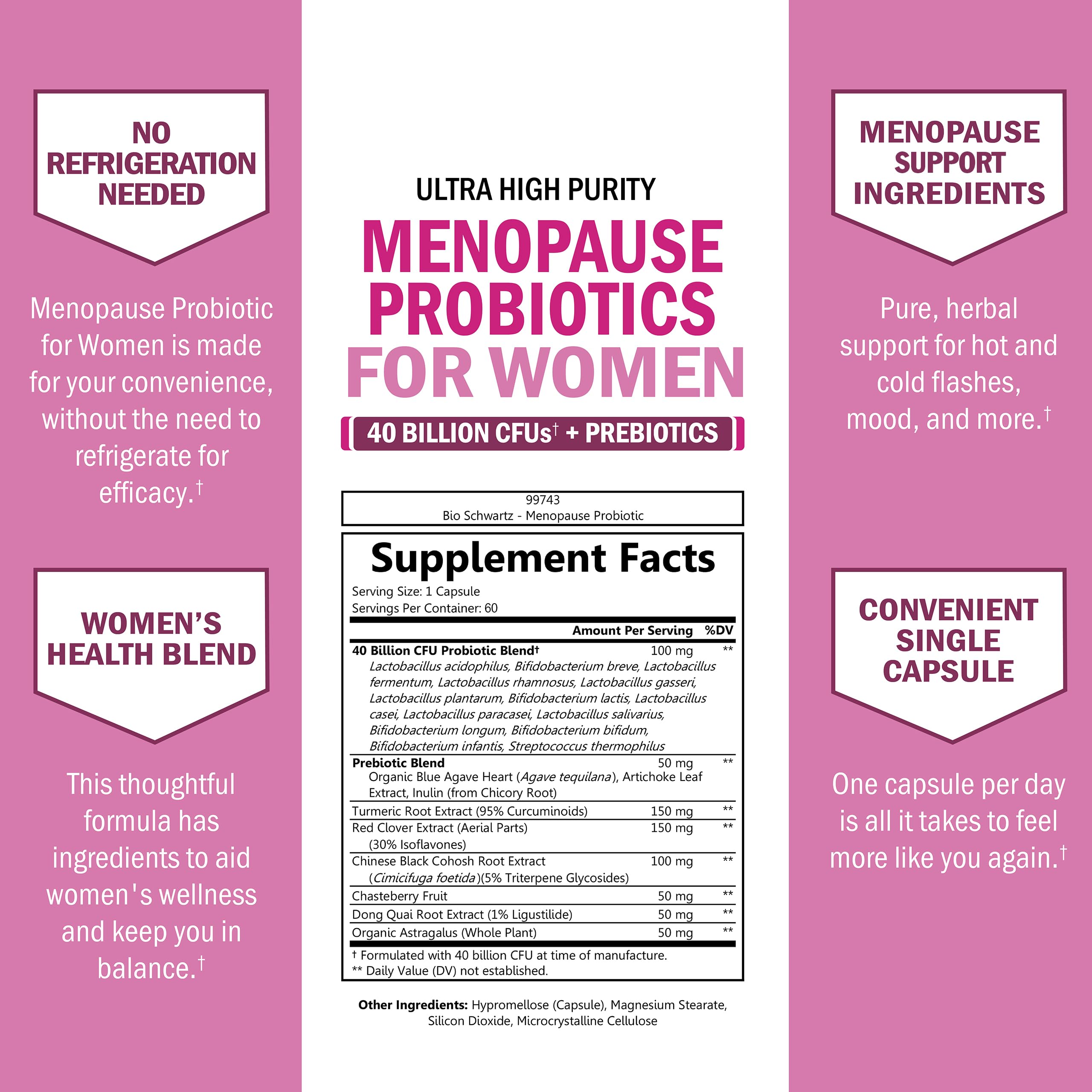 BioSchwartz menopause probiotics organic-prebiotic-fiber graphic emphasizes gut health