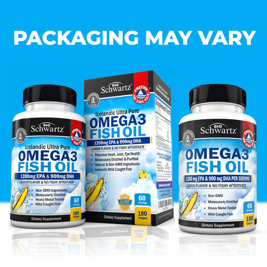 BioSchwartz omega-3 softgels close-up showing burpless lemon-taste formula