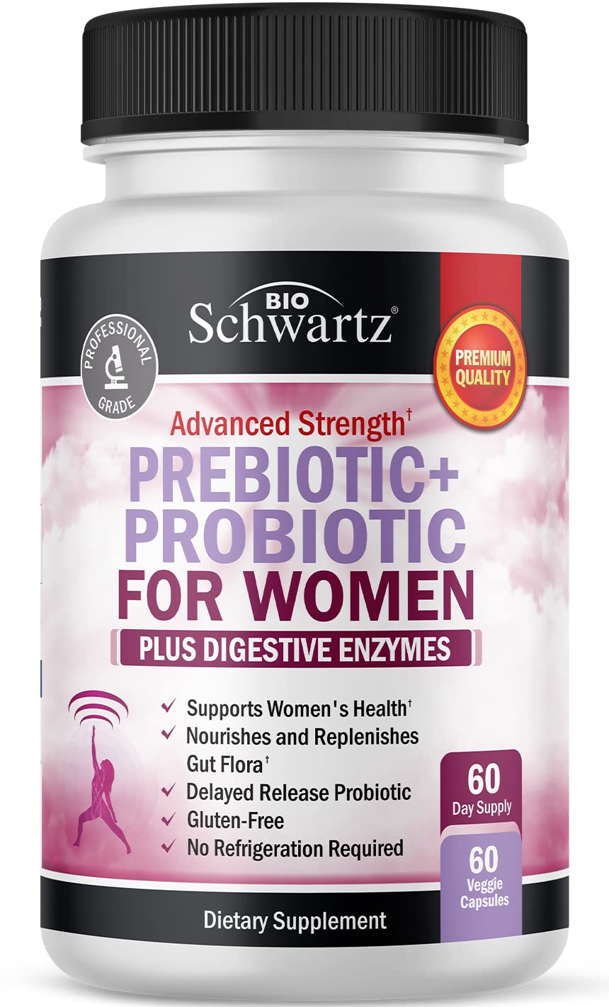BioSchwartz women's prebiotics and probiotics bottle promoting gut balance and daily wellness