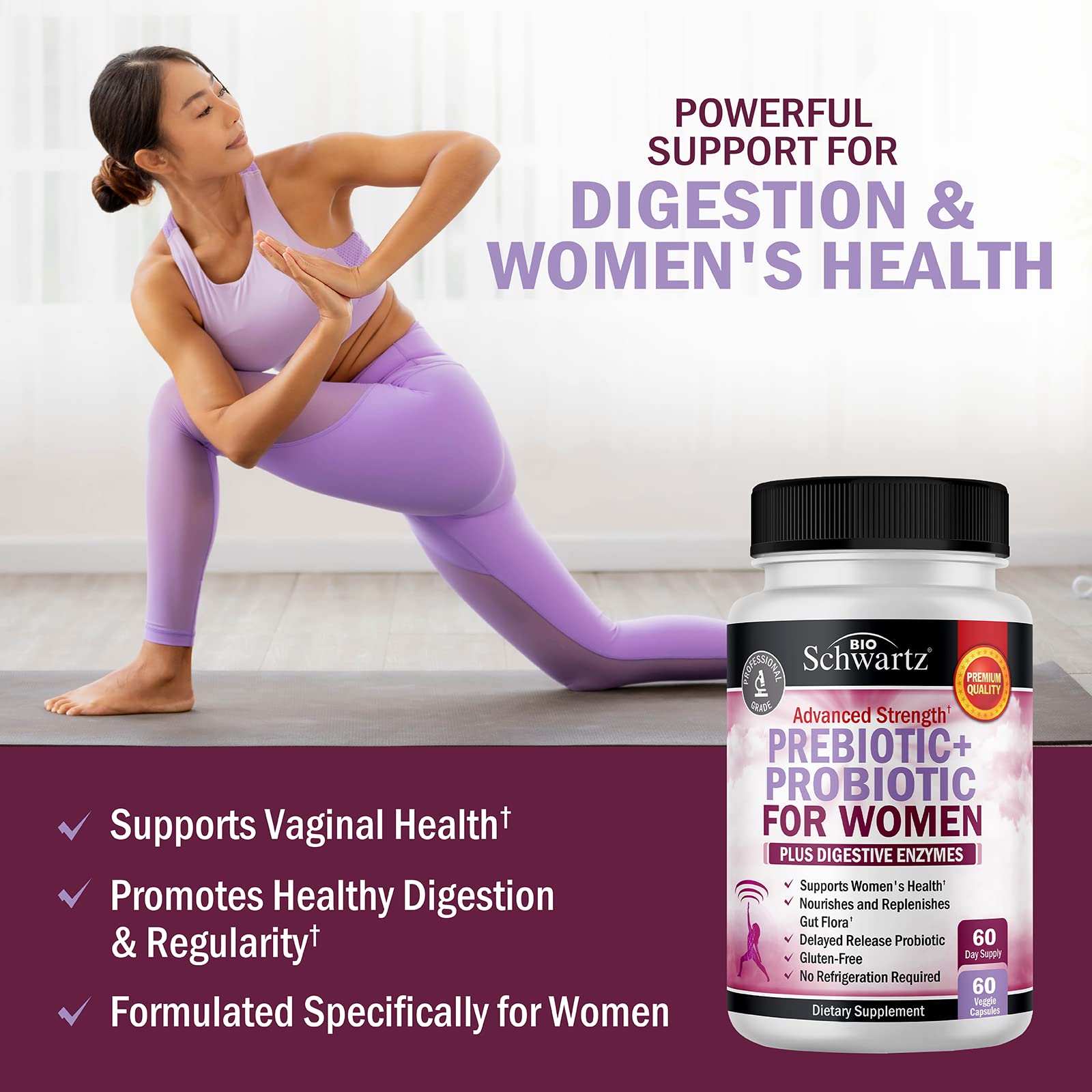 BioSchwartz probiotic capsules for women in a daily-use bottle for easy routines