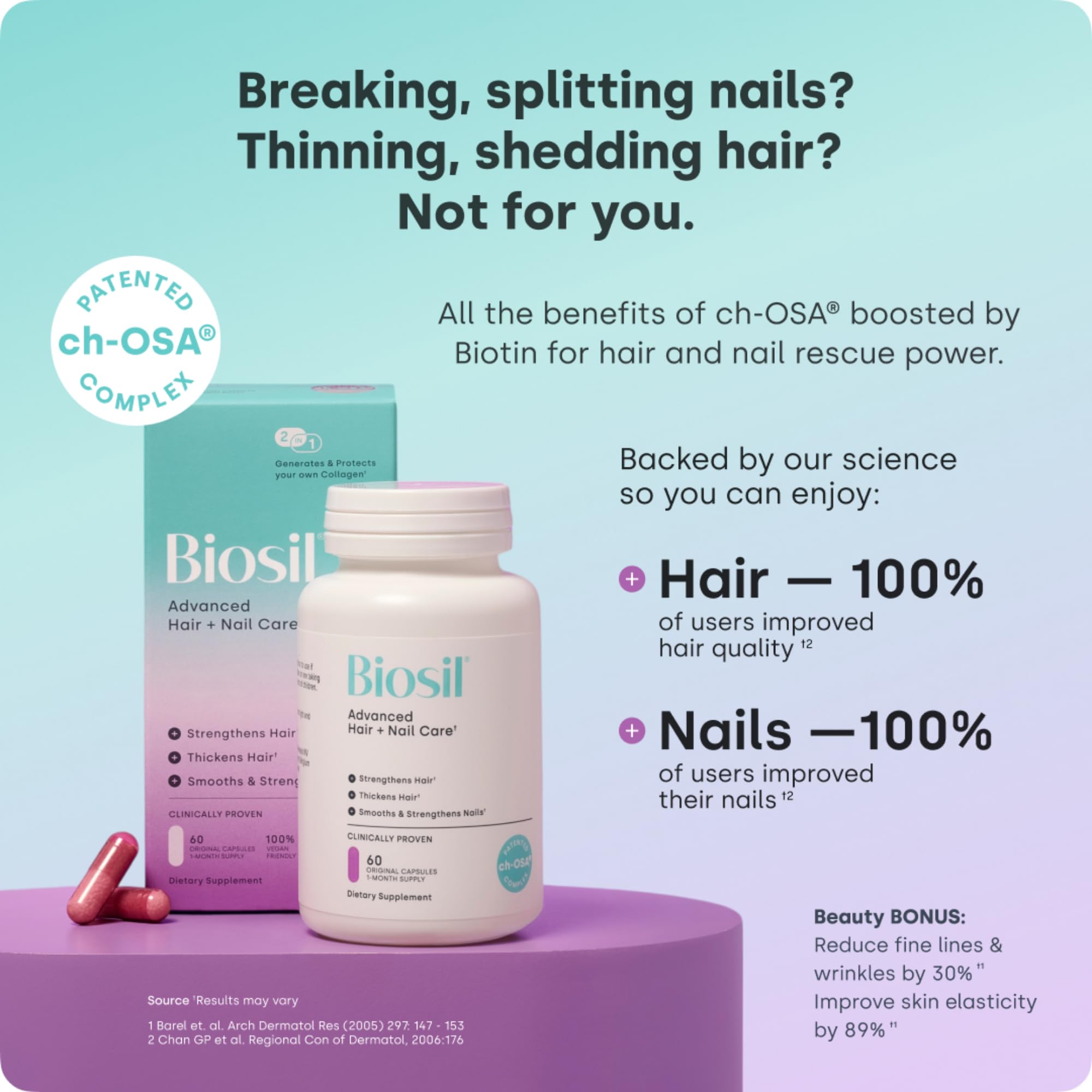 Biosil Advanced Hair + Nail Care bottle back shows directions and vegan formulation.