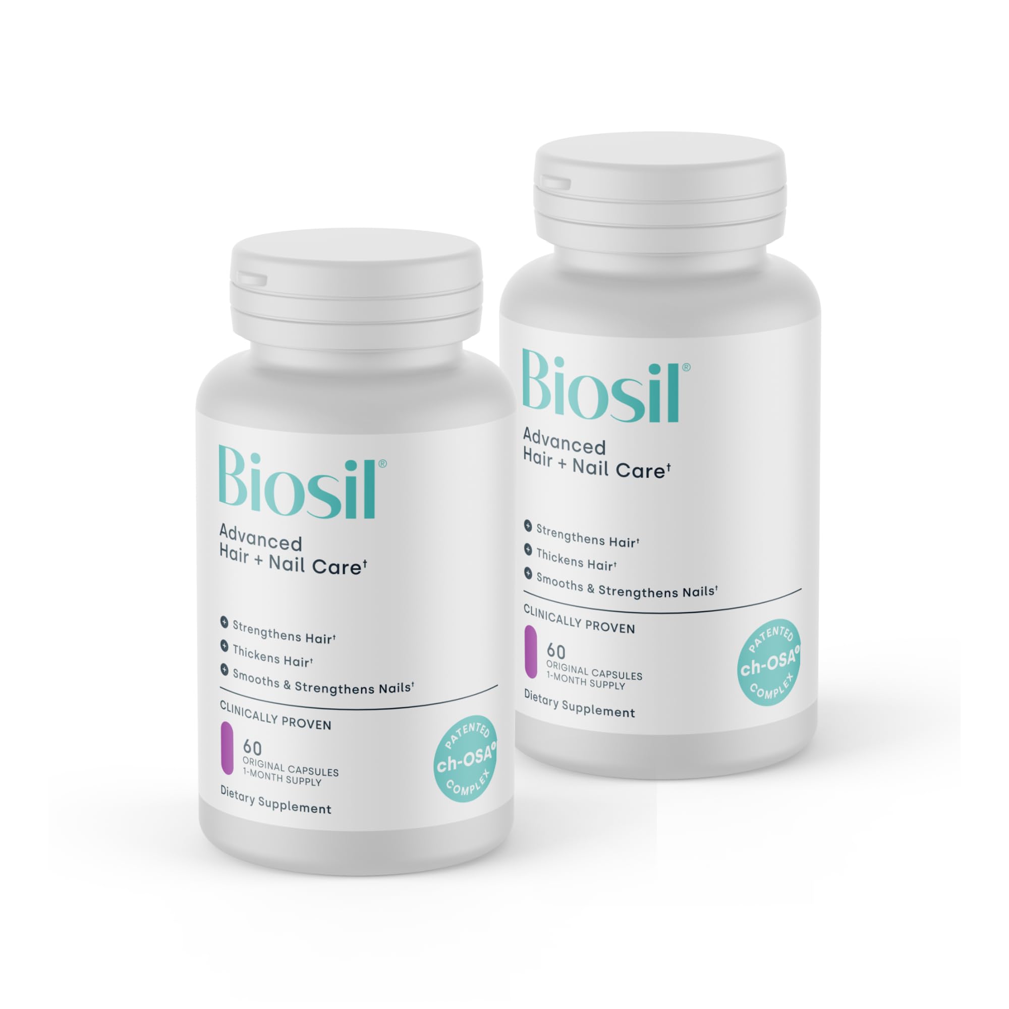Biosil Advanced Hair + Nail Care bottle front highlights the ch-OSA formula.