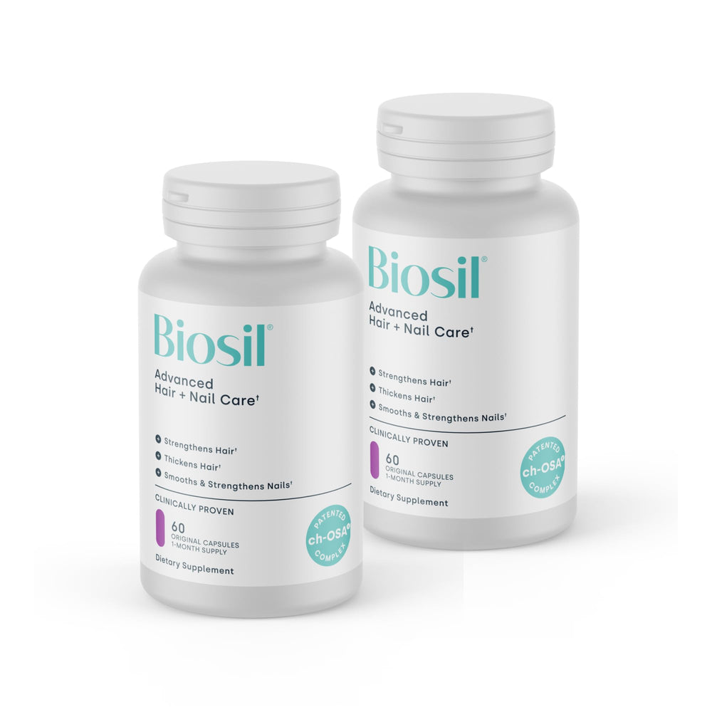 Biosil Advanced Hair + Nail Care bottle front highlights the ch-OSA formula.