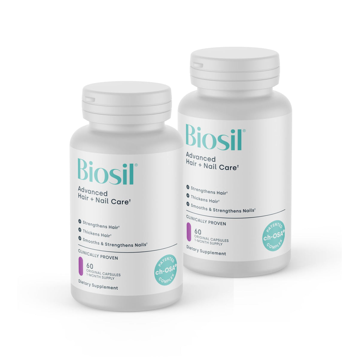 Biosil Advanced Hair + Nail Care bottle front highlights the ch-OSA formula.