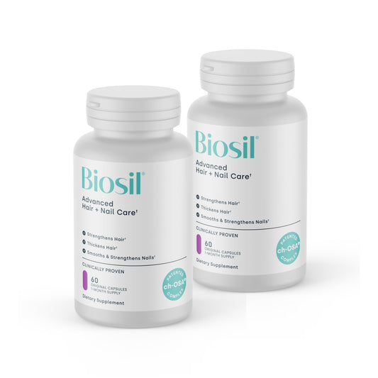 Biosil Advanced Hair + Nail Care bottle front highlights the ch-OSA formula.
