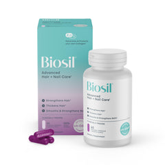 Biosil Advanced Hair + Nail Care bottle highlights ch-OSA and biotin benefits for daily use
