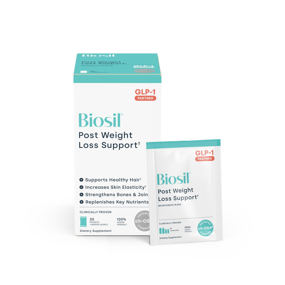 BioSil BounceBack Blend packets in a box support skin elasticity after weight loss.