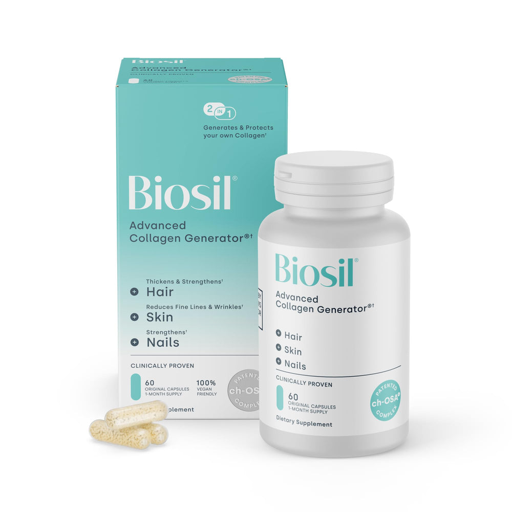 Biosil Collagen Booster bottle front close-up highlighting the ch-OSA activation for skin support.