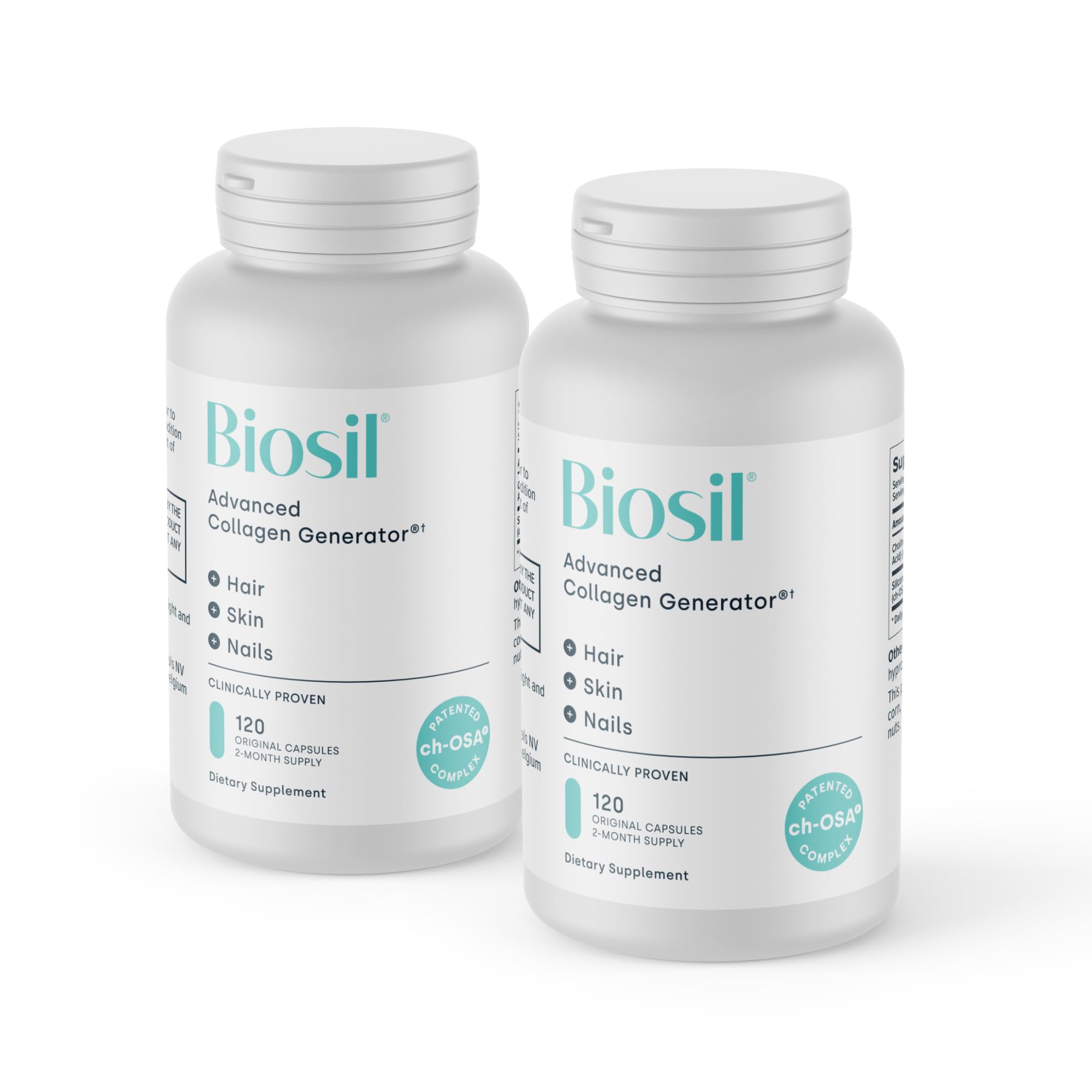Biosil Collagen Booster bottle pour showing easy daily use for skin support