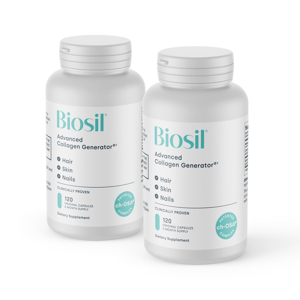 Biosil Collagen Booster bottle pour showing easy daily use for skin support