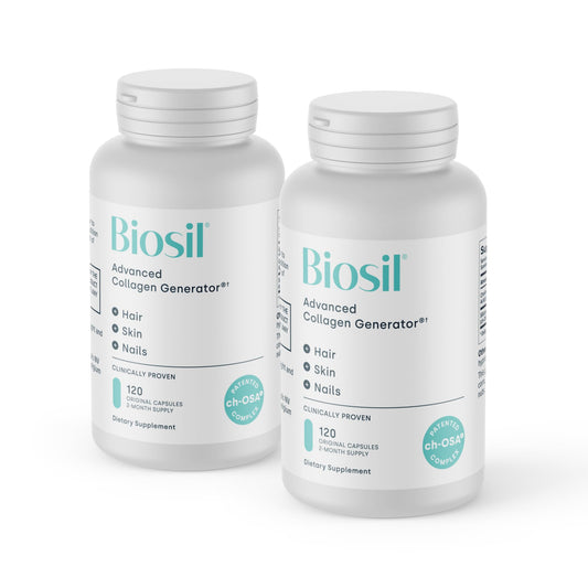 Biosil Collagen Booster bottle pour showing easy daily use for skin support