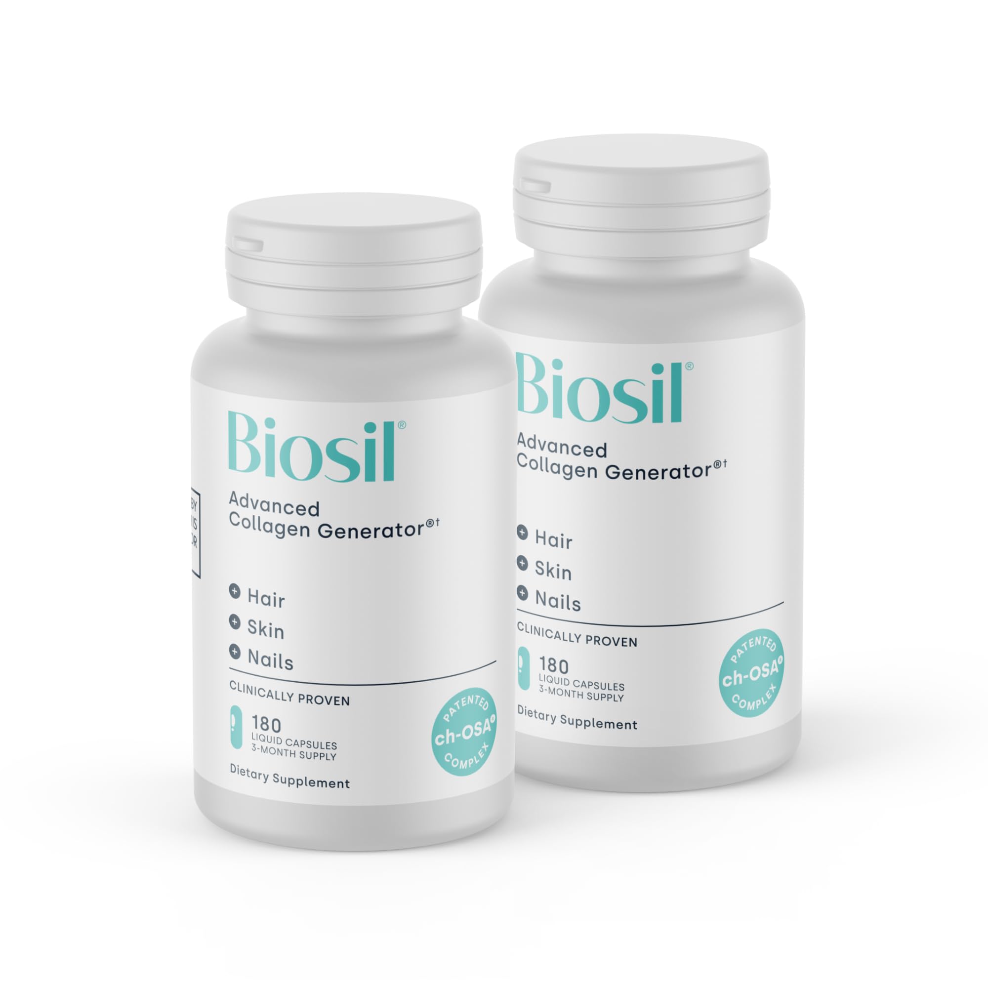 Biosil collagen booster bottle highlighting patented ch-OSA formula for skin support.