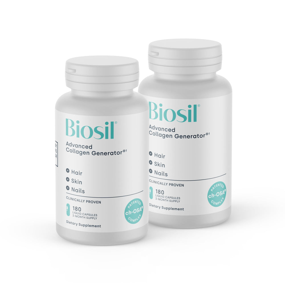 Biosil collagen booster bottle highlighting patented ch-OSA formula for skin support.