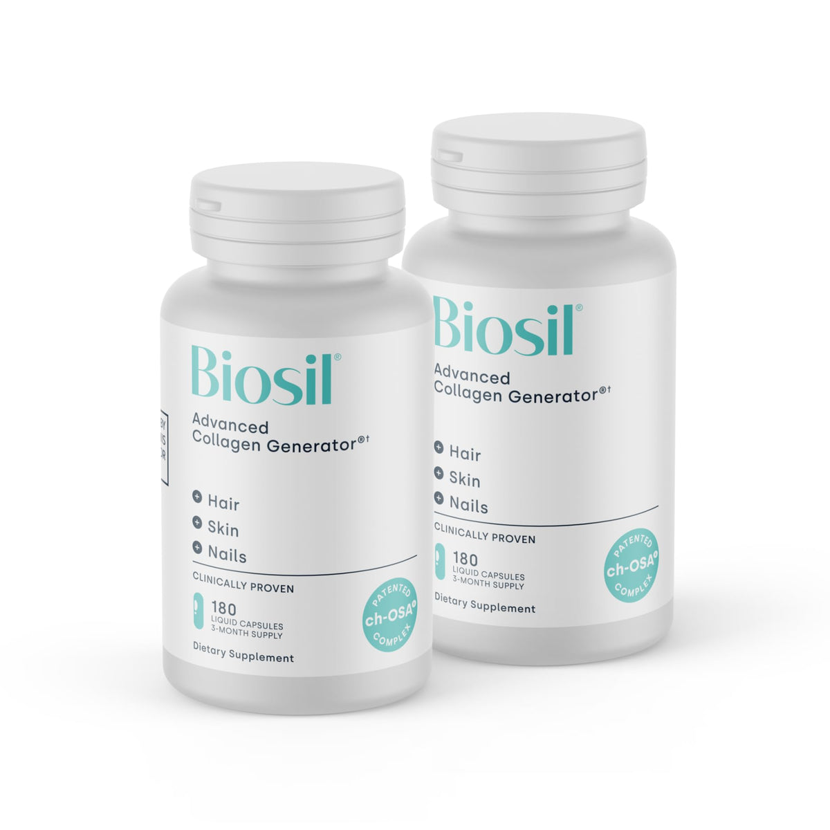 Biosil collagen booster bottle highlighting patented ch-OSA formula for skin support.