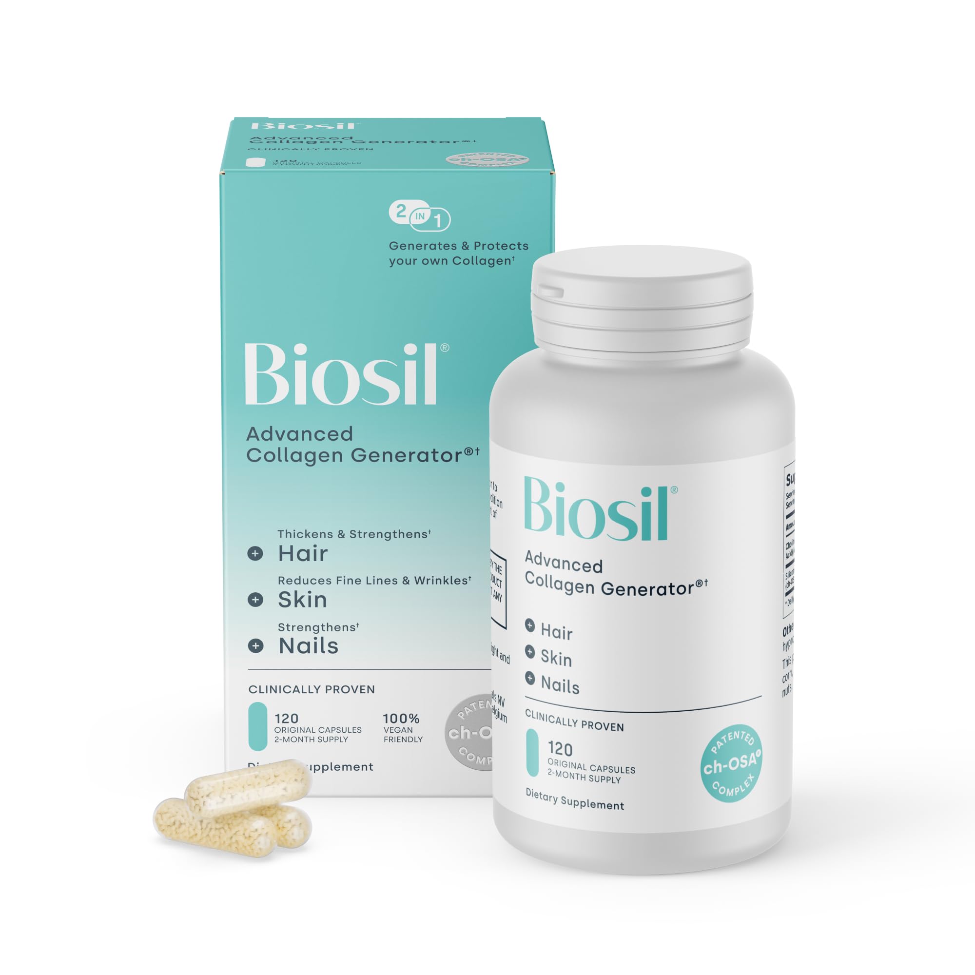 Biosil Collagen Booster bottle showing the ch-OSA formula for skin and hair support
