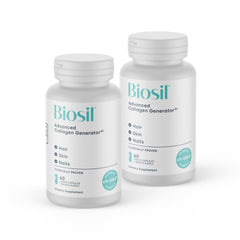 Biosil Collagen Booster bottle on a vanity for skin support.
