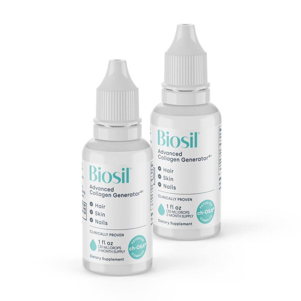 Biosil Collagen Booster Drops label highlights brand and potential skin and hair benefits.