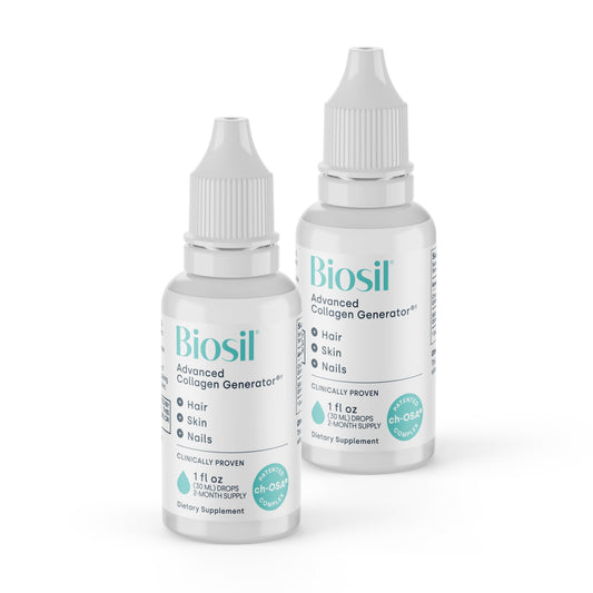 Biosil Collagen Booster Drops label highlights brand and potential skin and hair benefits.