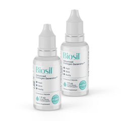 Biosil Collagen Booster Drops label highlights brand and potential skin and hair benefits.
