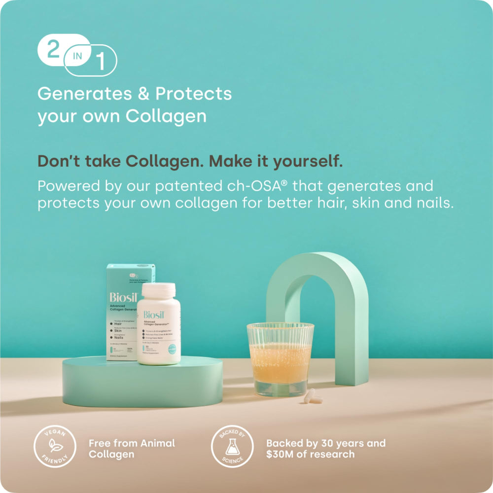 Biosil Collagen Booster bottle beside skincare routine illustrating daily beauty habits.