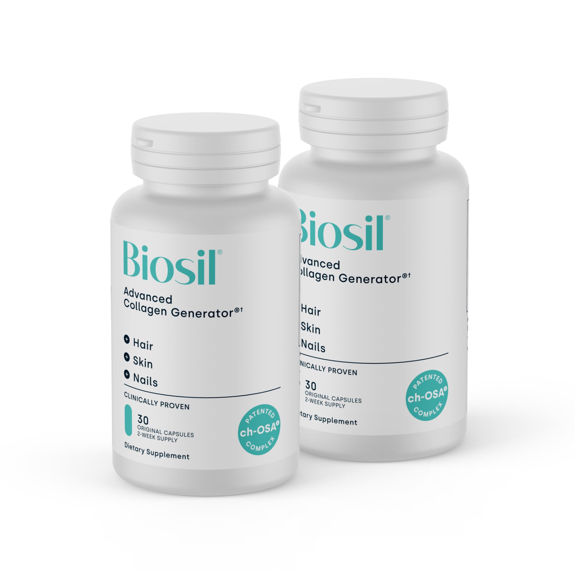 Biosil Collagen Generator bottle on a clean counter highlighting potential skin and nail benefits.